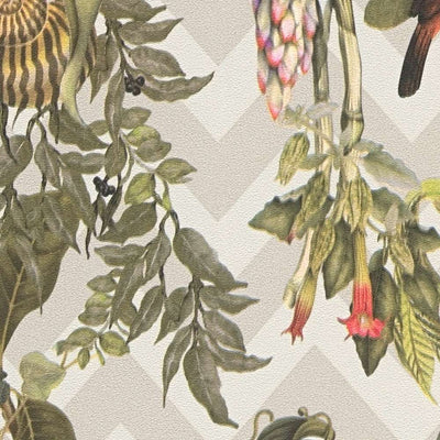 Wallpaper with exotic birds and animals, natural colours 1345777