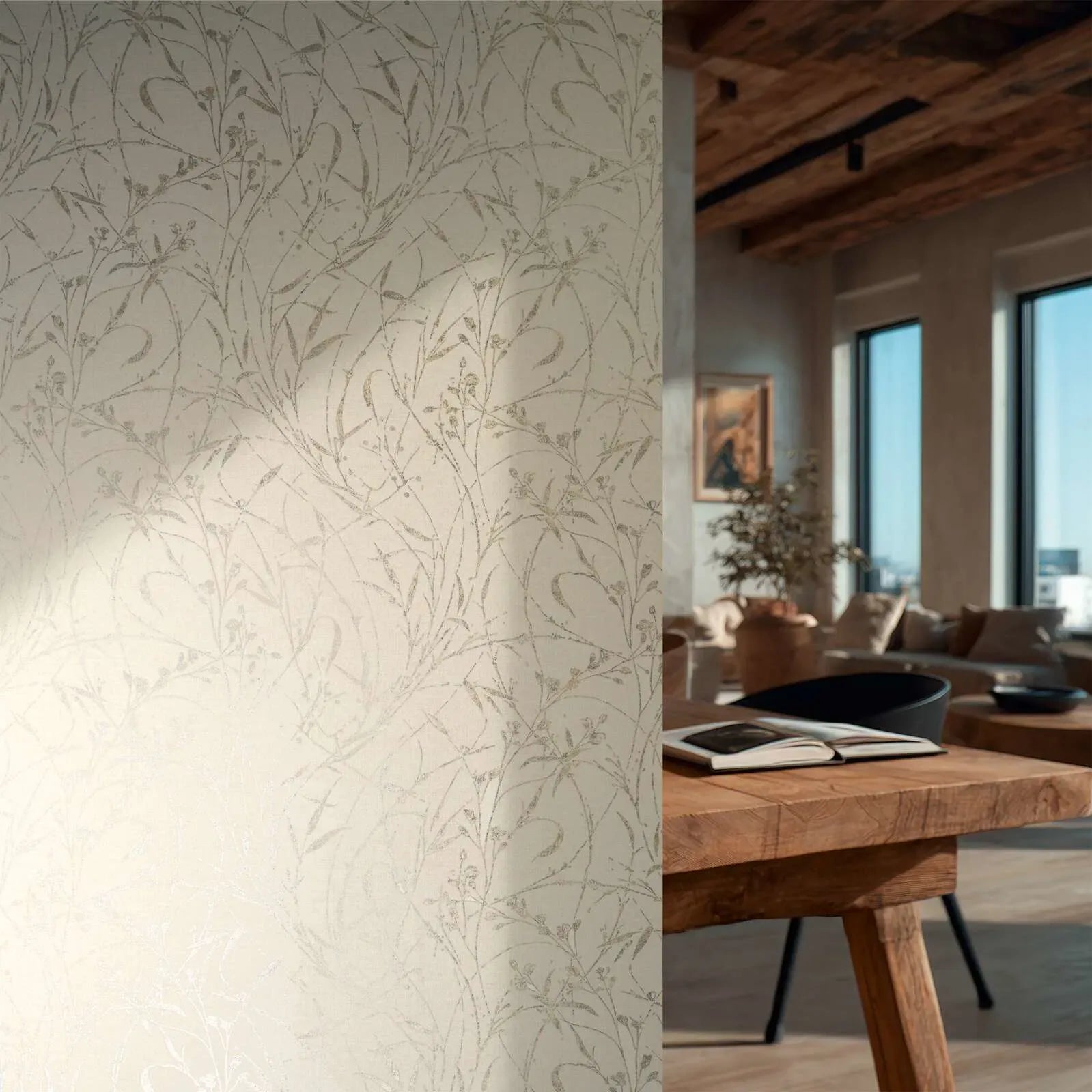 Cream wallpaper with elegant plant and leaf design for a bright living room. SKU: 3007031, AS Creation.