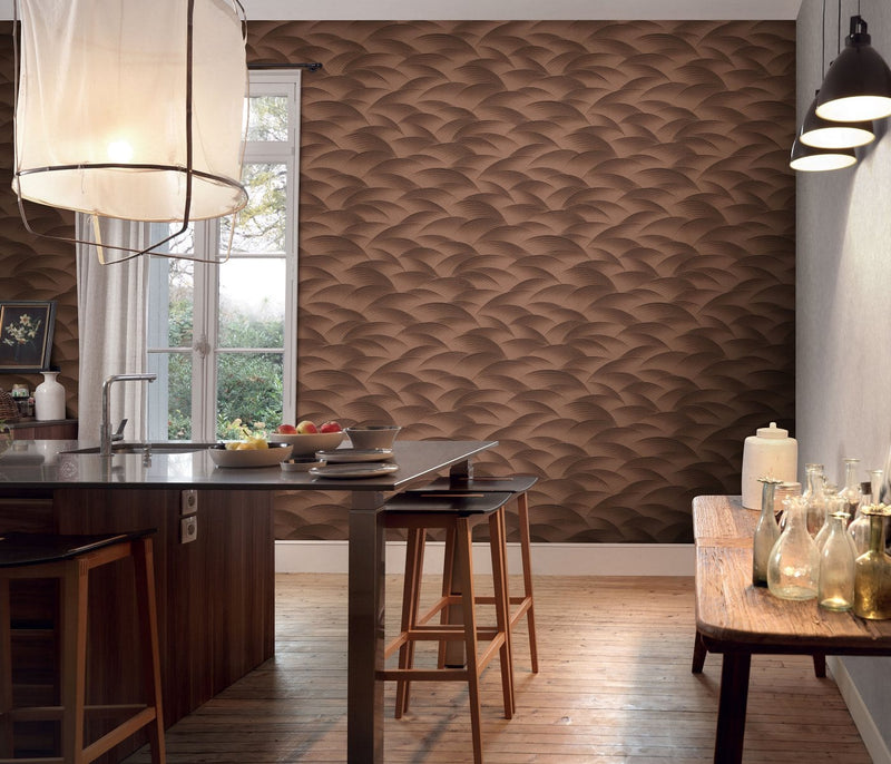 Wallpaper with geometric pattern: waves in bronze, Erismann, 3751700 Erismann