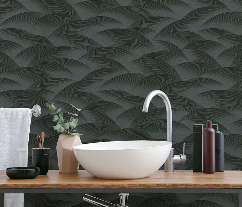 Wallpaper with geometric pattern: waves in black, Erismann, 3751637 Erismann