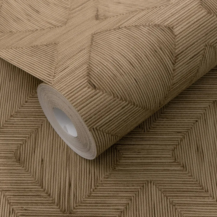Close-up of non-woven wallpaper roll 10509-11 in a warm beige tone with embossed fabric line texture and diamond pattern