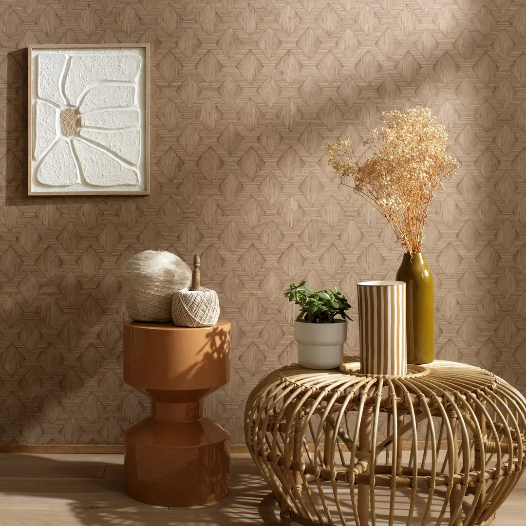 Beige textured wallpaper with geometric pattern 10509-11 in a cozy interior with rattan furniture and decor