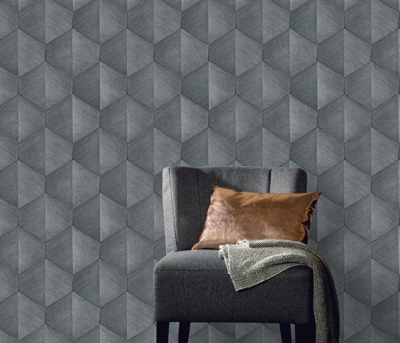 Wallpaper with graphic 3D pattern in dark grey, Erismann, 3751322 RASCH