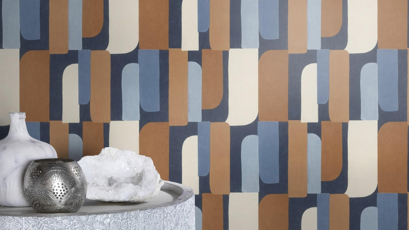 Wallpaper with graphic pattern in blue and orange, RASCH, 1205427 AS Creation