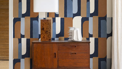 Wallpaper with graphic pattern in blue and orange, RASCH, 1205427 AS Creation