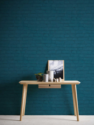 Wallpaper with brick wall painted blue, 1332600 AS Creation