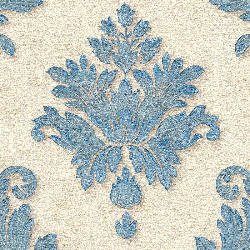Tapetes ar klasisku ziedu ornamentu zilā krāsā AS Creation