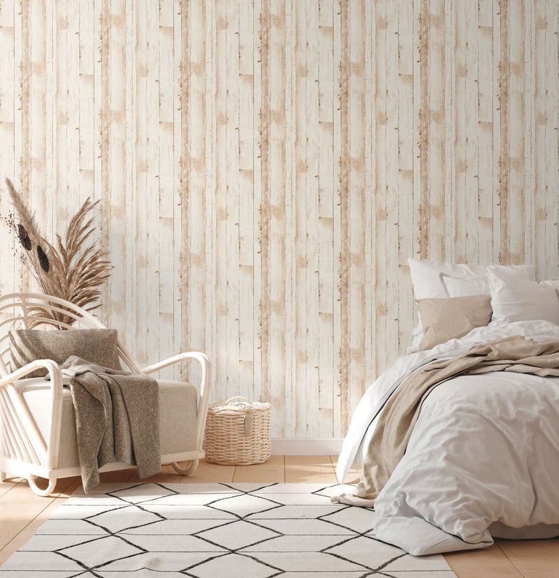 Wallpaper with the look of wooden planks, PVC-free - beige, 1357775 🌱 AS Creation