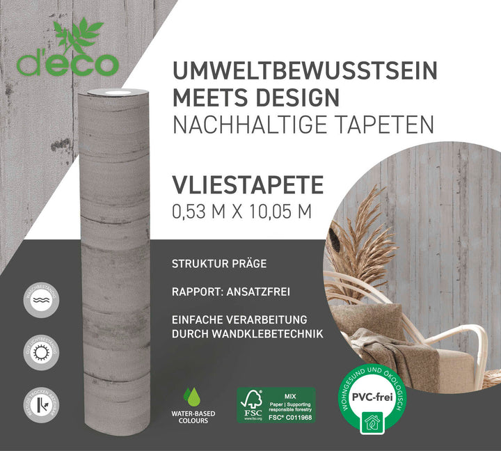Ekoloģiskas tapetes ar koka dēļiem pelēkā krāsā, bez PVC, 385022 AS Creation