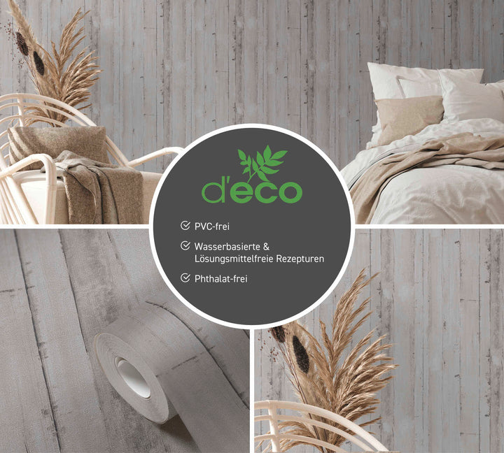 Ekoloģiskas tapetes ar koka dēļiem pelēkā krāsā, bez PVC, 385022 AS Creation