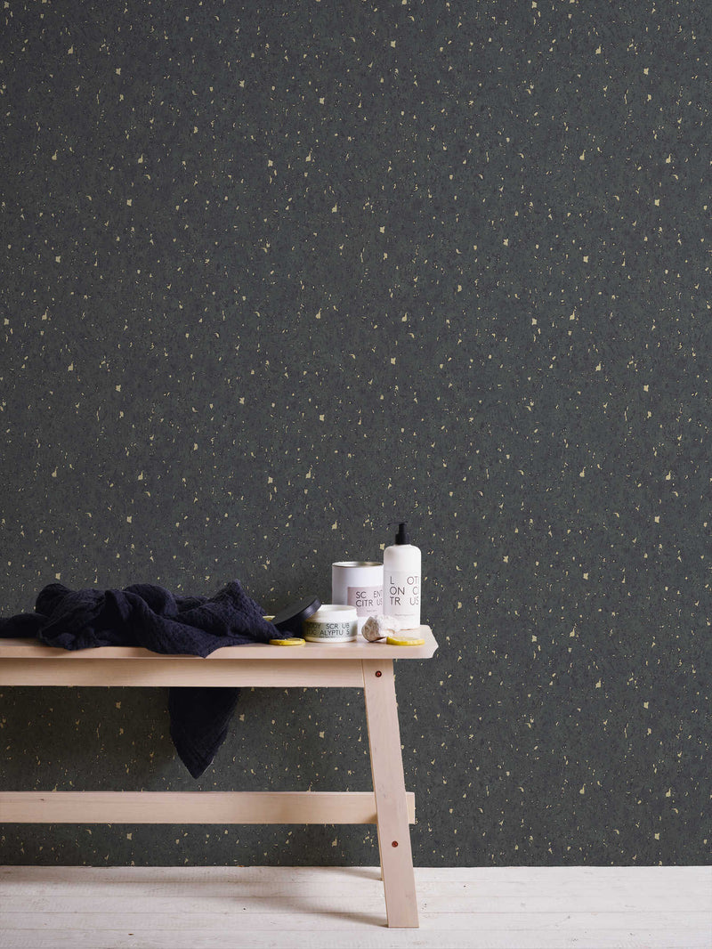 Wallpaper with cork look and metallic effect, black and gold,1332207 AS Creation
