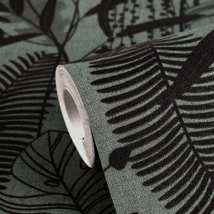 Tapetes ar krāšņu lapu dekoru, nedaudz spīdīgas |tumši zaļa, melna AS Creation