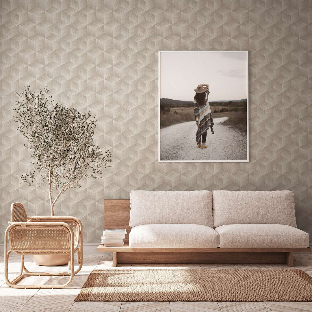 Tapetes ar kvadrātveida rakstu bez PVC: silti pelēkā krāsā, 385061 🌱 AS Creation