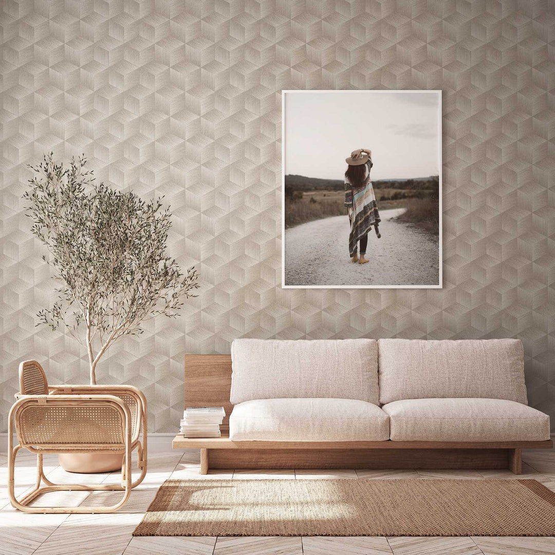 Tapetes ar kvadrātveida rakstu bez PVC: silti pelēkā krāsā, 385061 🌱 AS Creation