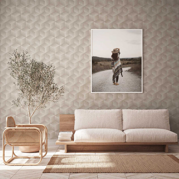 Tapetes ar kvadrātveida rakstu bez PVC: silti pelēkā krāsā, 385061 🌱 AS Creation
