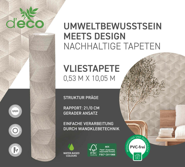 Tapetes ar kvadrātveida rakstu bez PVC: silti pelēkā krāsā, 385061 🌱 AS Creation