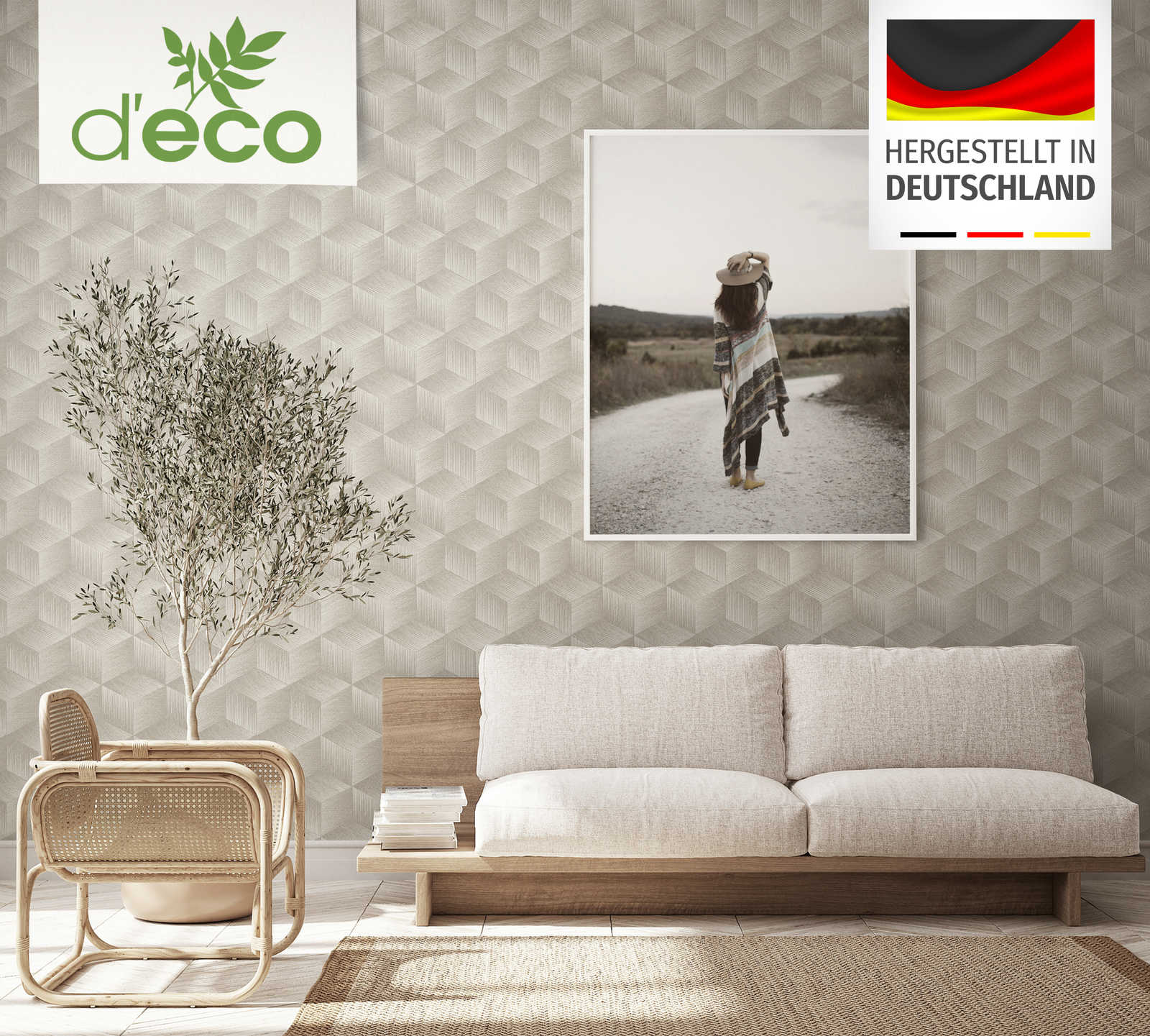 Tapetes ar kvadrātveida rakstu bez PVC: silti pelēkā krāsā, 385061 🌱 AS Creation