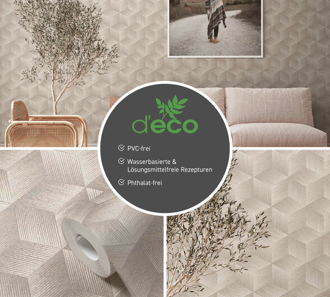 Tapetes ar kvadrātveida rakstu bez PVC: silti pelēkā krāsā, 385061 🌱 AS Creation