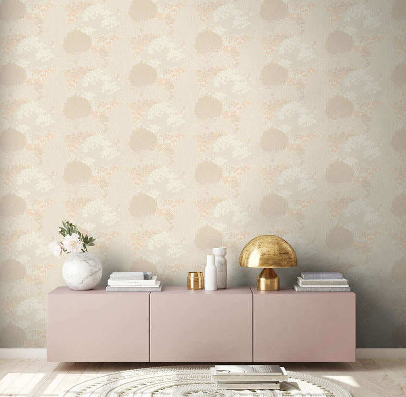 Wallpaper with leaves with fine texture, matt: beige, pink, 1400436 AS Creation