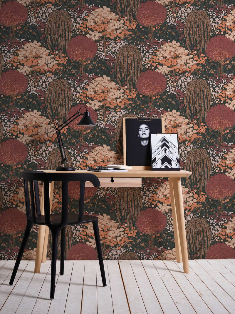 Wallpaper with leaves with fine texture: black, pink, 1400440 AS Creation