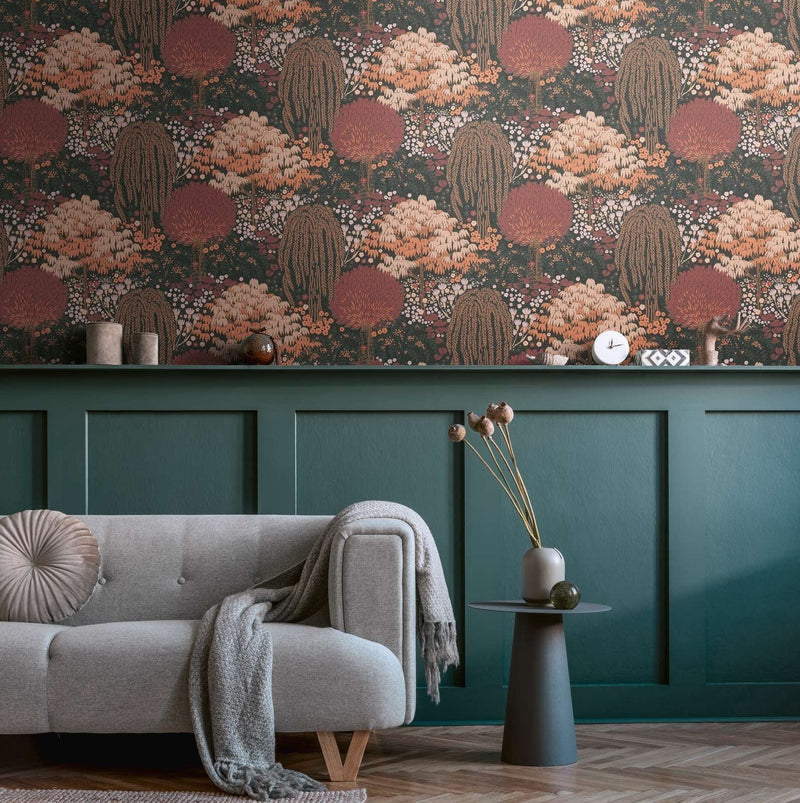 Wallpaper with leaves with fine texture: black, pink, 1400440 AS Creation