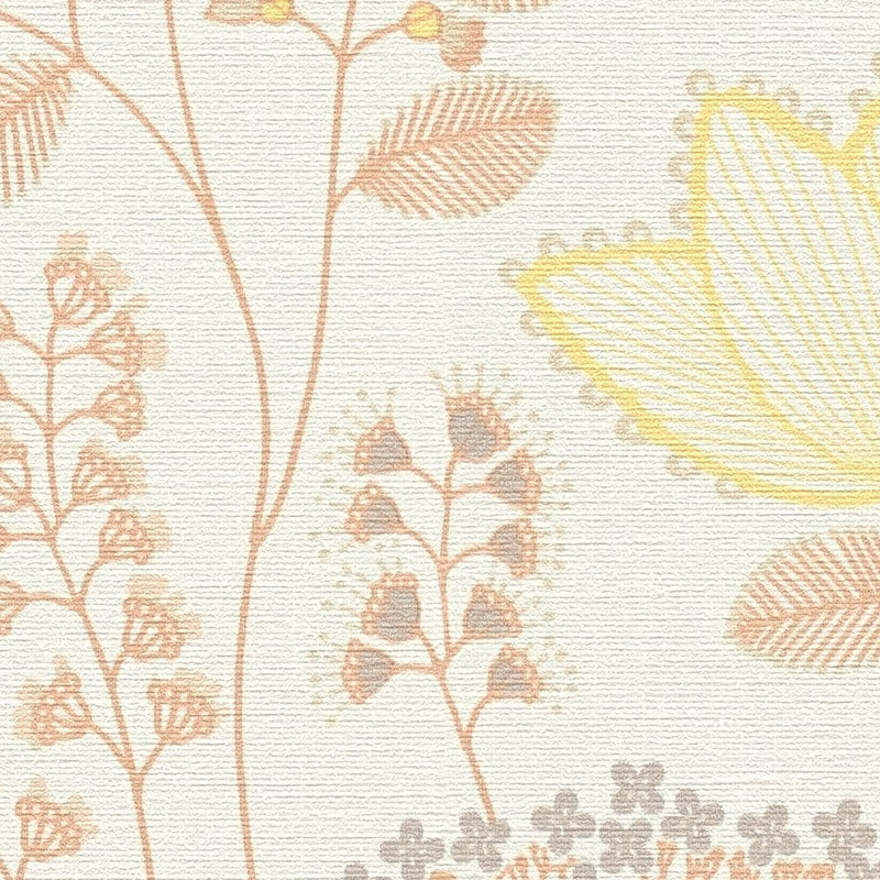 Wallpaper with leaves in retro style, matt: white, orange, 1400423 AS Creation