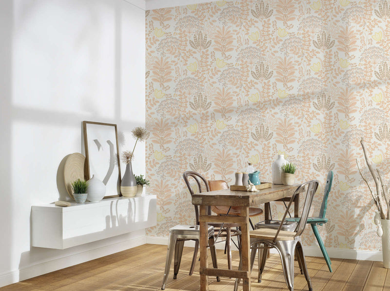 Wallpaper with leaves in retro style, matt: white, orange, 1400423 AS Creation