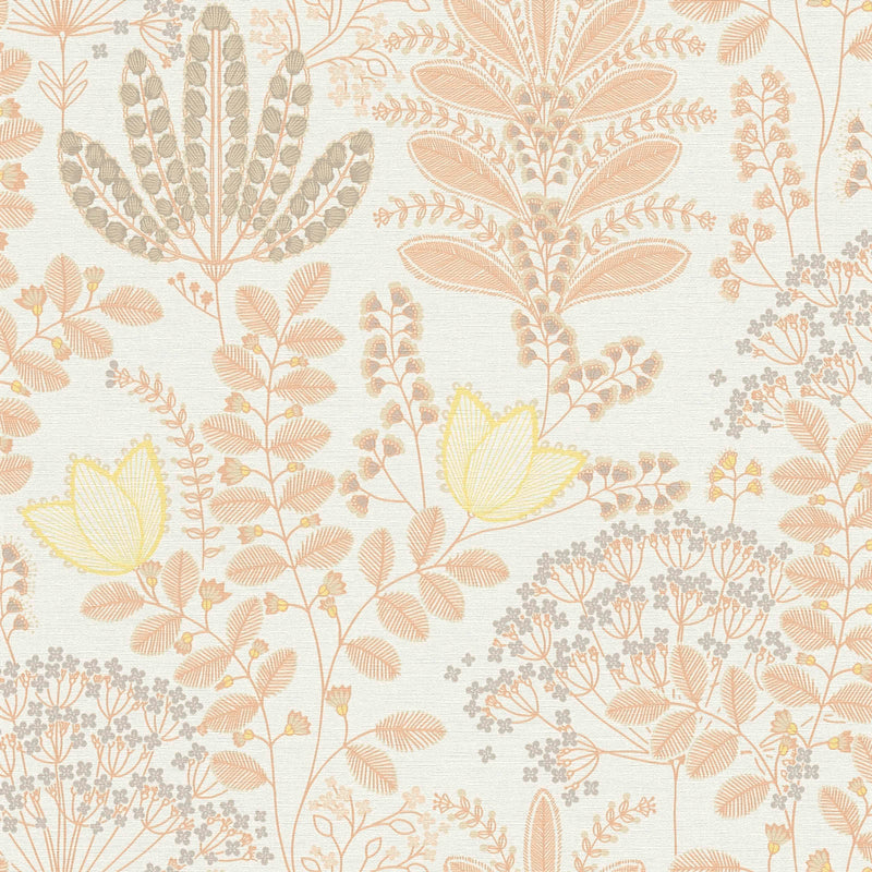 Wallpaper with leaves in retro style, matt: white, orange, 1400423 AS Creation