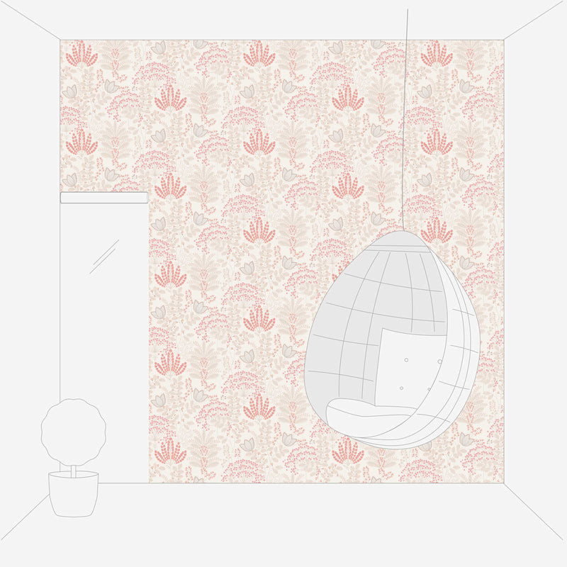 Retro-tyylinen tapetti lehdillä, matta: valkoinen, vaaleanpunainen, 1400424 AS Creation