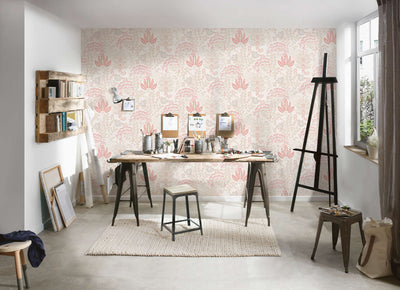 Wallpaper with leaves in retro style, matt: white, pink, 1400424 AS Creation