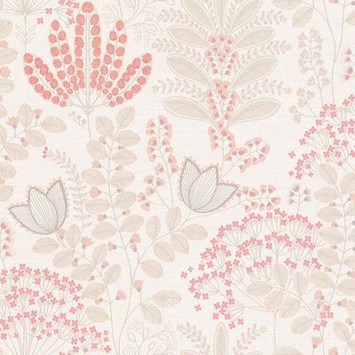 Wallpaper with leaves in retro style, matt: white, pink, 1400424 AS Creation