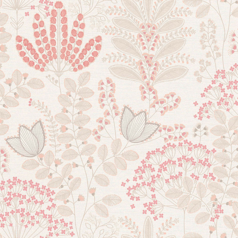 Wallpaper with leaves in retro style, matt: white, pink, 1400424 AS Creation