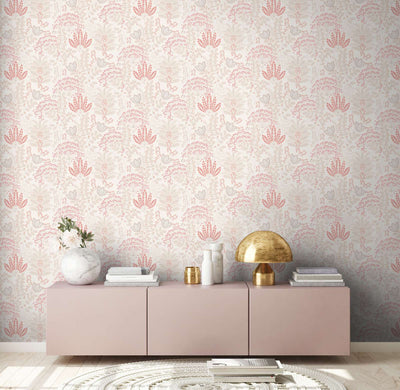 Wallpaper with leaves in retro style, matt: white, pink, 1400424 AS Creation