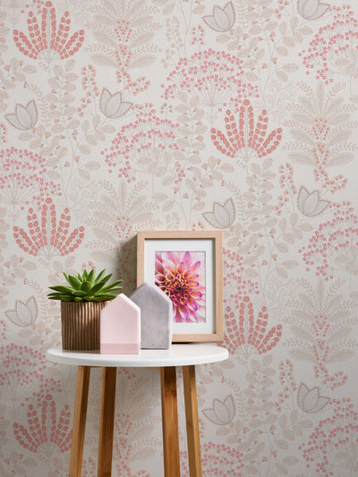 Wallpaper with leaves in retro style, matt: white, pink, 1400424 AS Creation