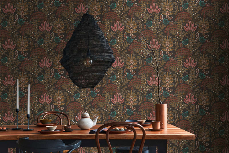 Wallpaper with leaves in retro style, matt: black, brown, pink, 1400427 AS Creation