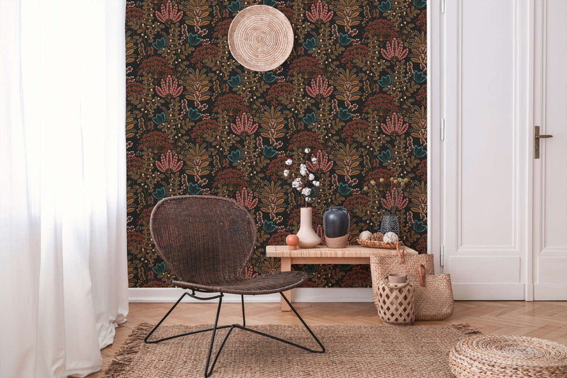 Wallpaper with leaves in retro style, matt: black, brown, pink, 1400427 AS Creation