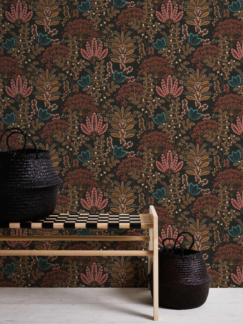 Wallpaper with leaves in retro style, matt: black, brown, pink, 1400427 AS Creation