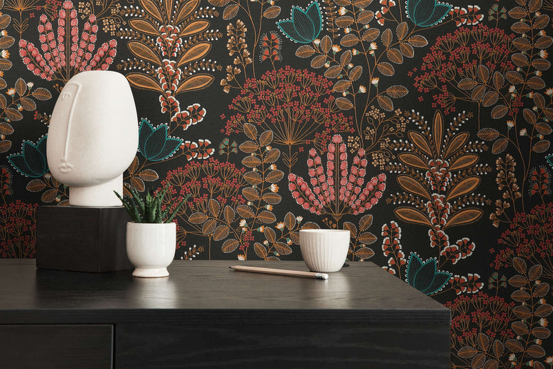 Wallpaper with leaves in retro style, matt: black, brown, pink, 1400427 AS Creation