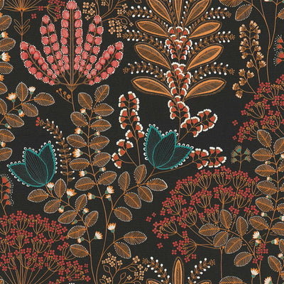 Wallpaper with leaves in retro style, matt: black, brown, pink, 1400427 AS Creation