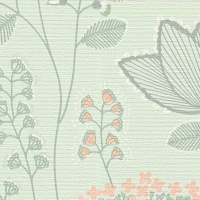 Retro wallpaper with leaves, matt: green, pink, 1400425 AS Creation