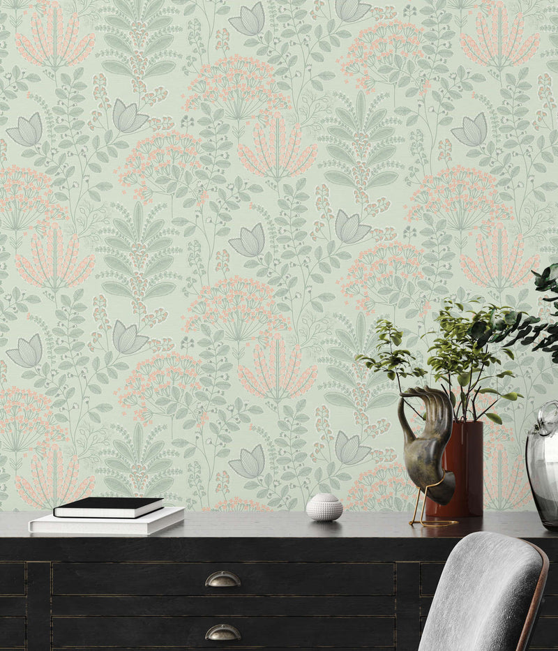 Retro wallpaper with leaves, matt: green, pink, 1400425 AS Creation