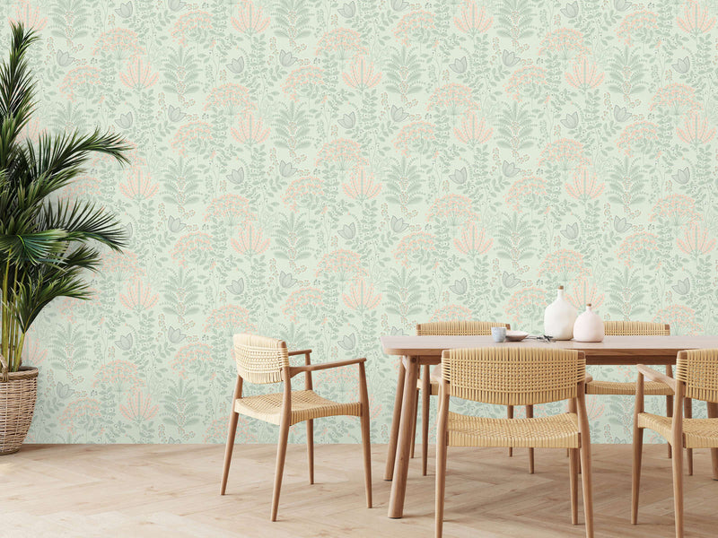 Retro wallpaper with leaves, matt: green, pink, 1400425 AS Creation