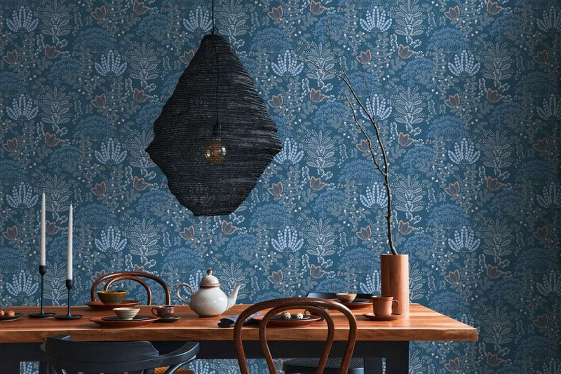 Wallpaper with retro leaves, matt: blue, 1400426 AS Creation