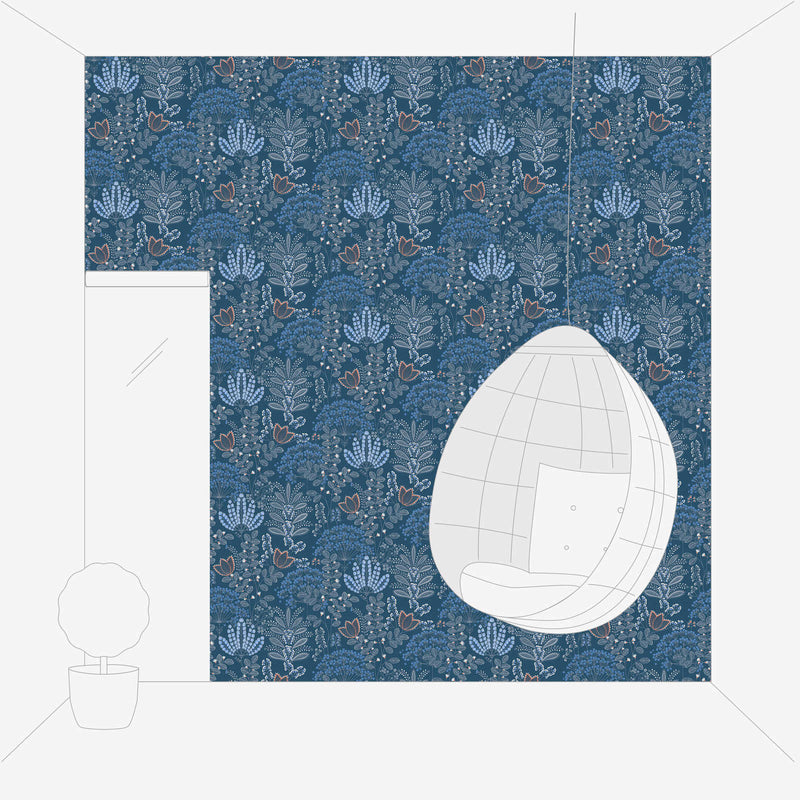 Wallpaper with retro leaves, matt: blue, 1400426 AS Creation