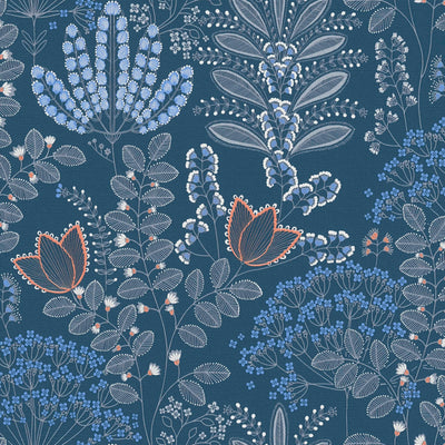 Wallpaper with retro leaves, matt: blue, 1400426 AS Creation