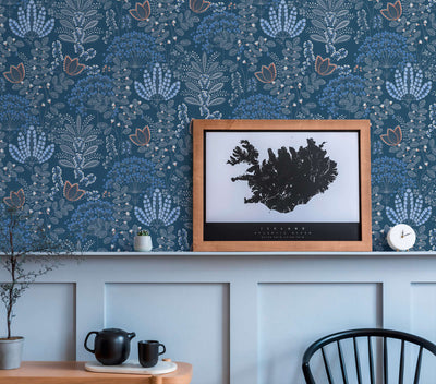 Wallpaper with retro leaves, matt: blue, 1400426 AS Creation