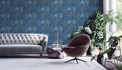 Wallpaper with retro leaves, matt: blue, 1400426 AS Creation