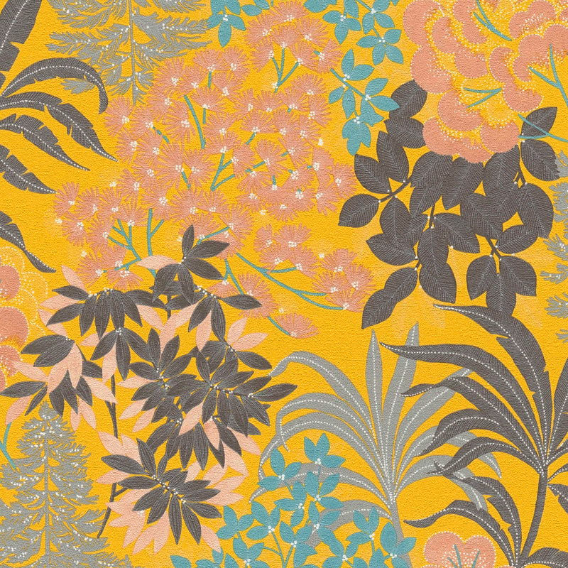 Wallpaper with leaves on bright yellow background, 1374163 AS Creation