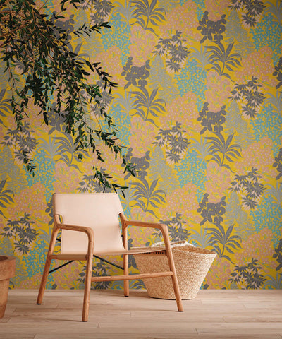 Wallpaper with leaves on bright yellow background, 1374163 AS Creation