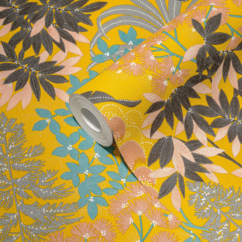 Wallpaper with leaves on bright yellow background, 1374163 AS Creation